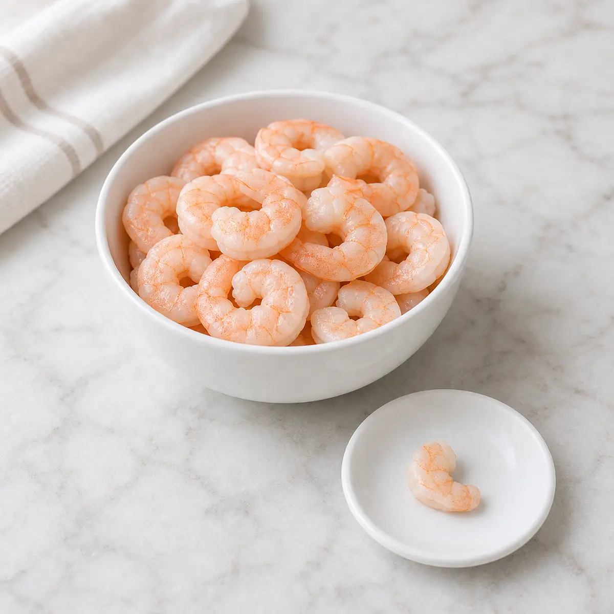 Plain cooked peeled shrimp with one tiny shrimp piece on a saucer