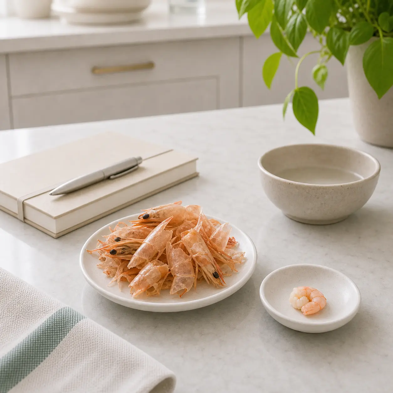 Shrimp shells set apart from a tiny plain shrimp piece