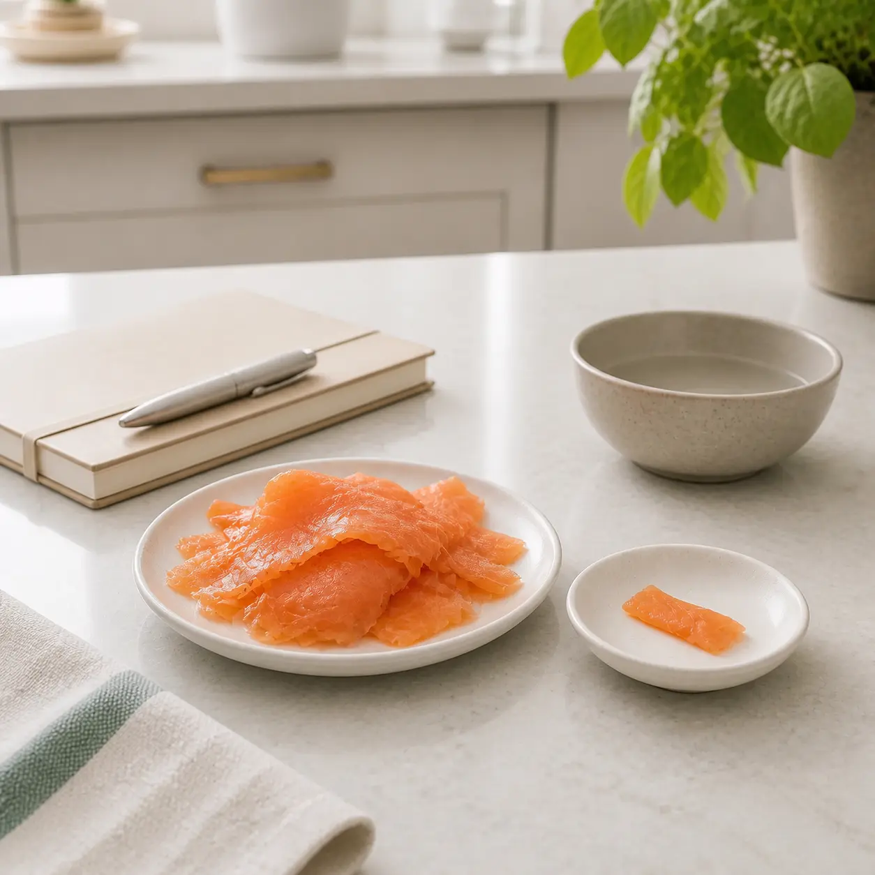 Smoked salmon slices with one tiny strip separated on a saucer