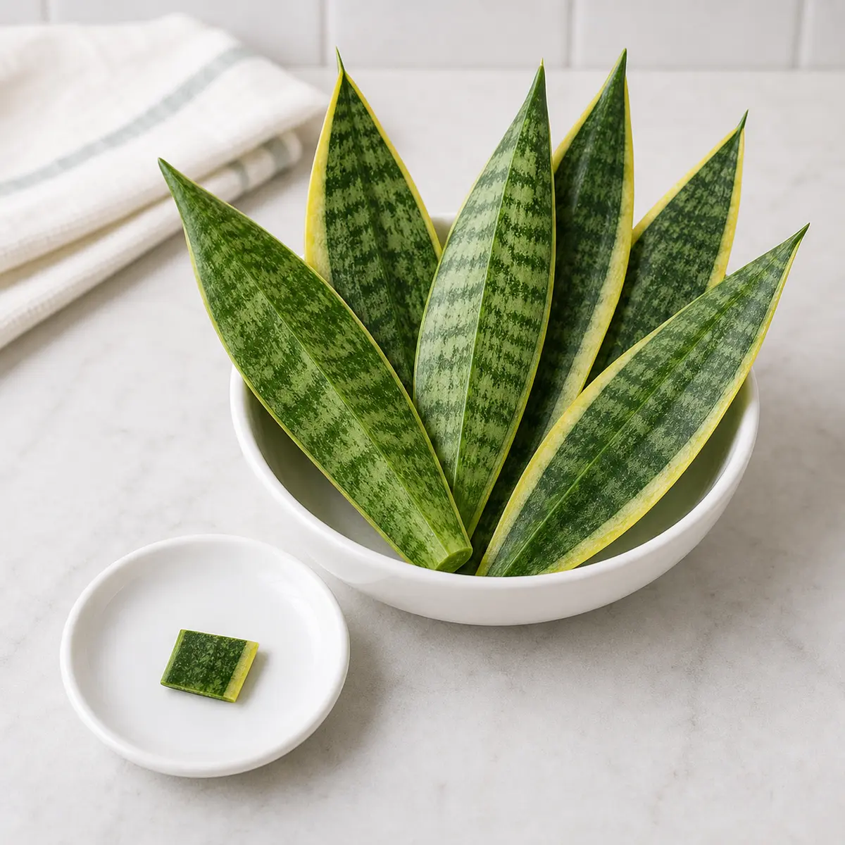Snake plant leaves with one small cut leaf piece on a saucer