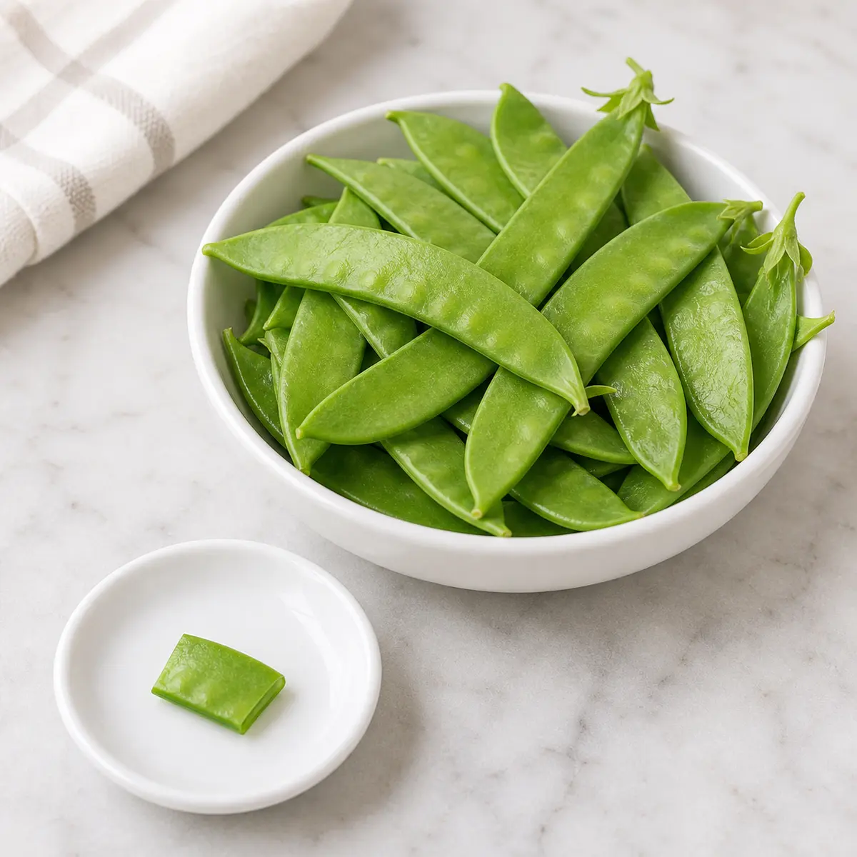Fresh snow pea pods with one tiny plain piece on a saucer