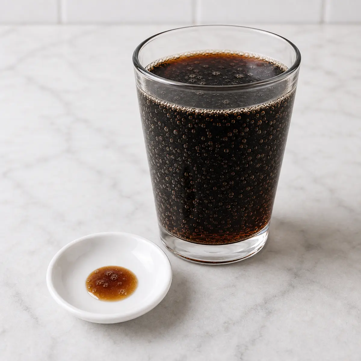 Dark carbonated soda in a clear glass with a tiny splash on a saucer