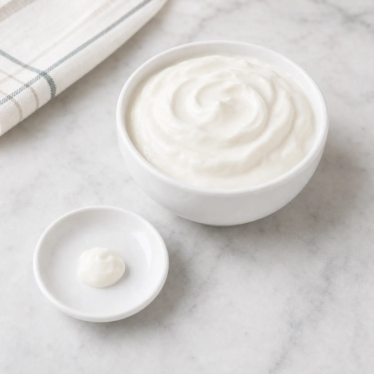 Plain sour cream with one tiny white dollop on a saucer