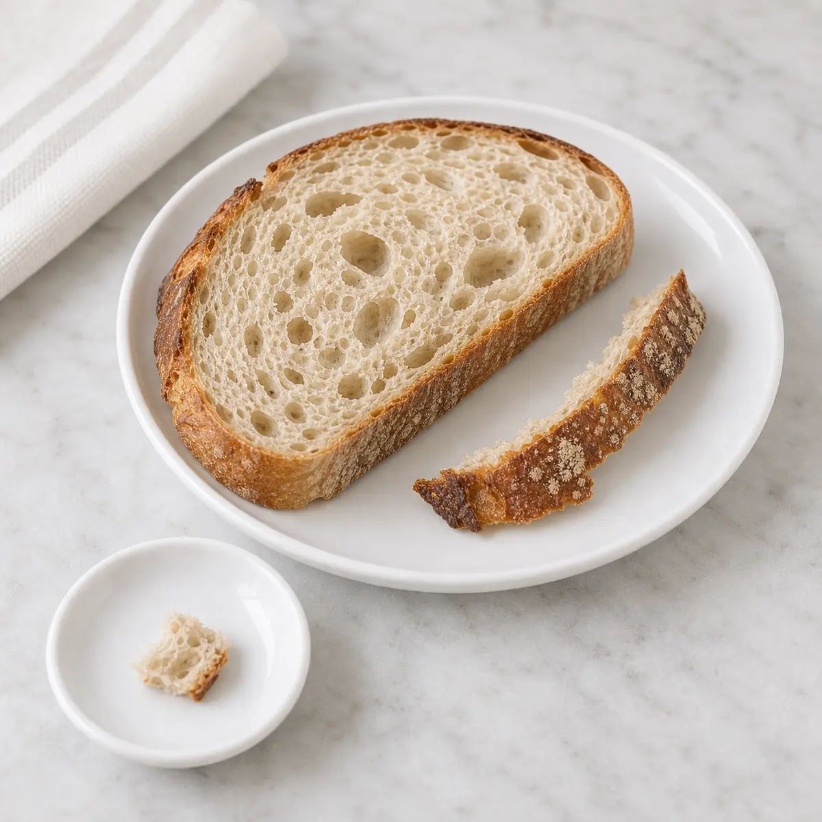 Plain sourdough bread slice with one tiny torn crumb on a saucer