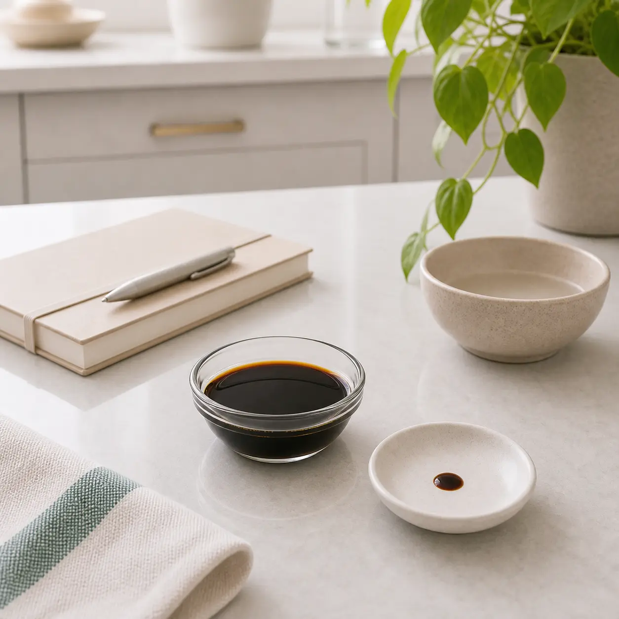 Small dish of soy sauce with a tiny droplet on a white saucer