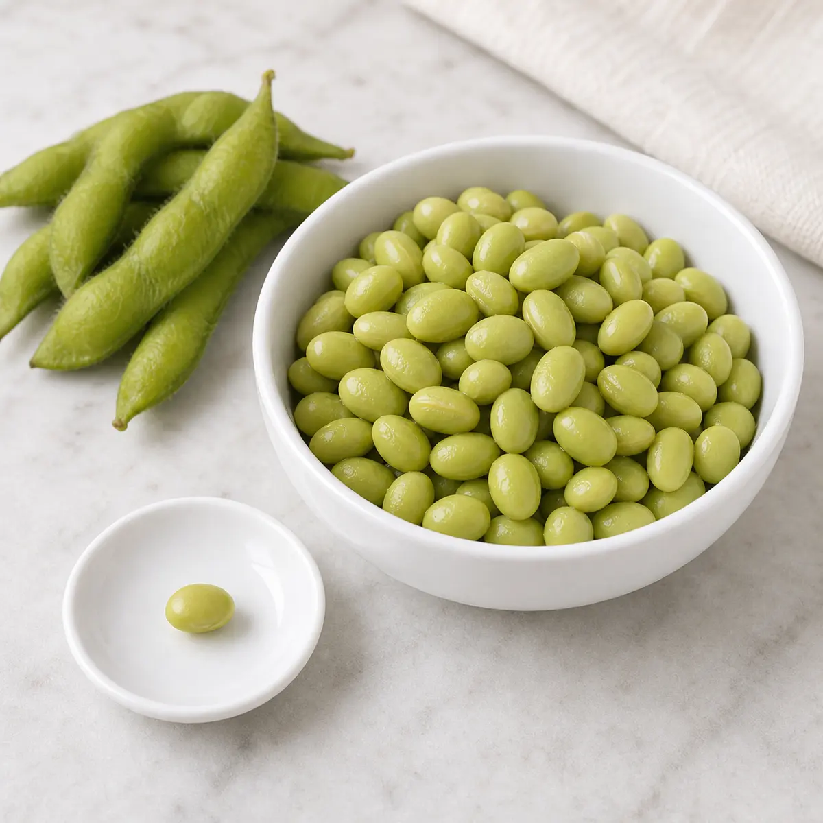 Cooked shelled soybeans with one tiny soybean portion on a saucer