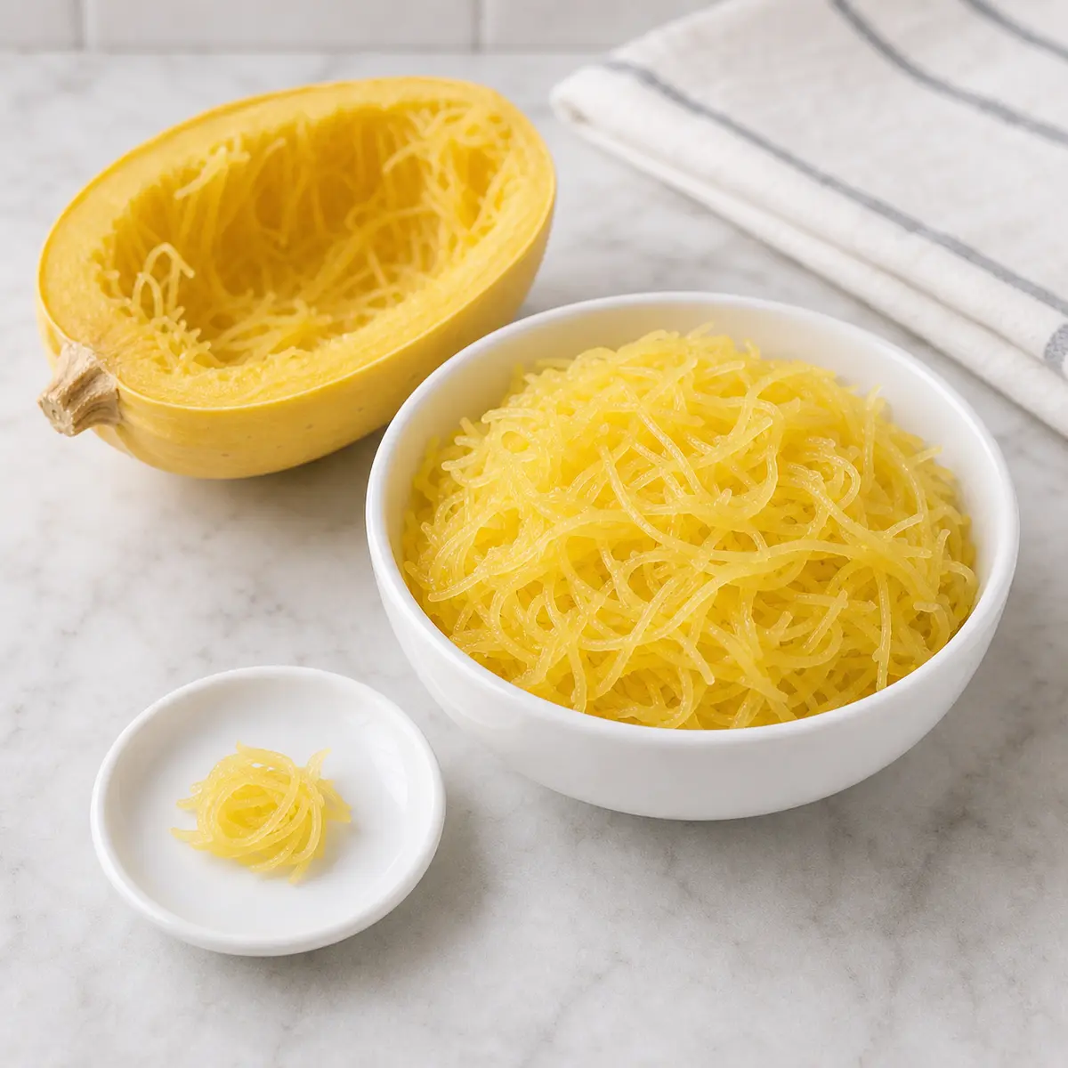 Cooked spaghetti squash strands with one tiny soft strand portion on a saucer