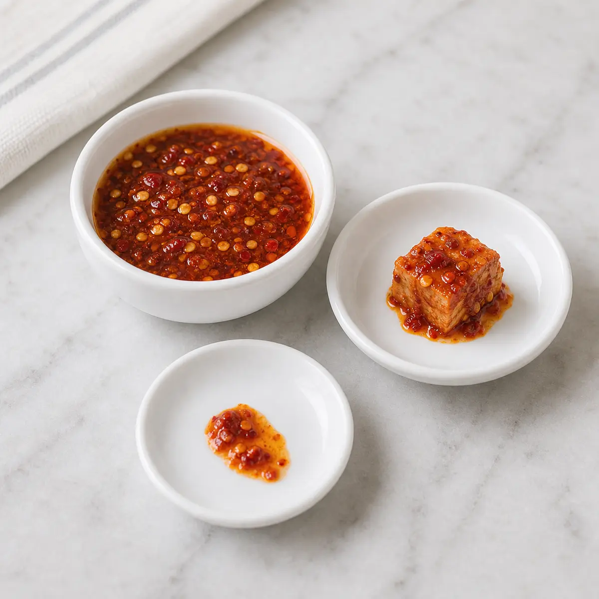 Red chili sauce and a tiny spicy-sauce smear on a saucer