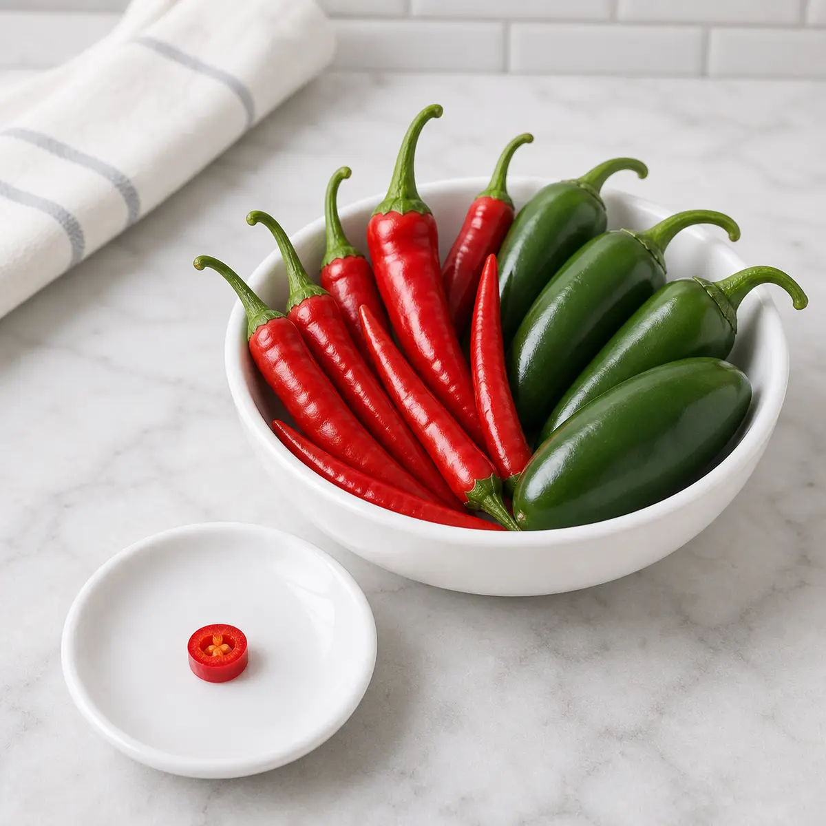 Red chili peppers and jalapenos with one tiny sliced chili piece on a saucer