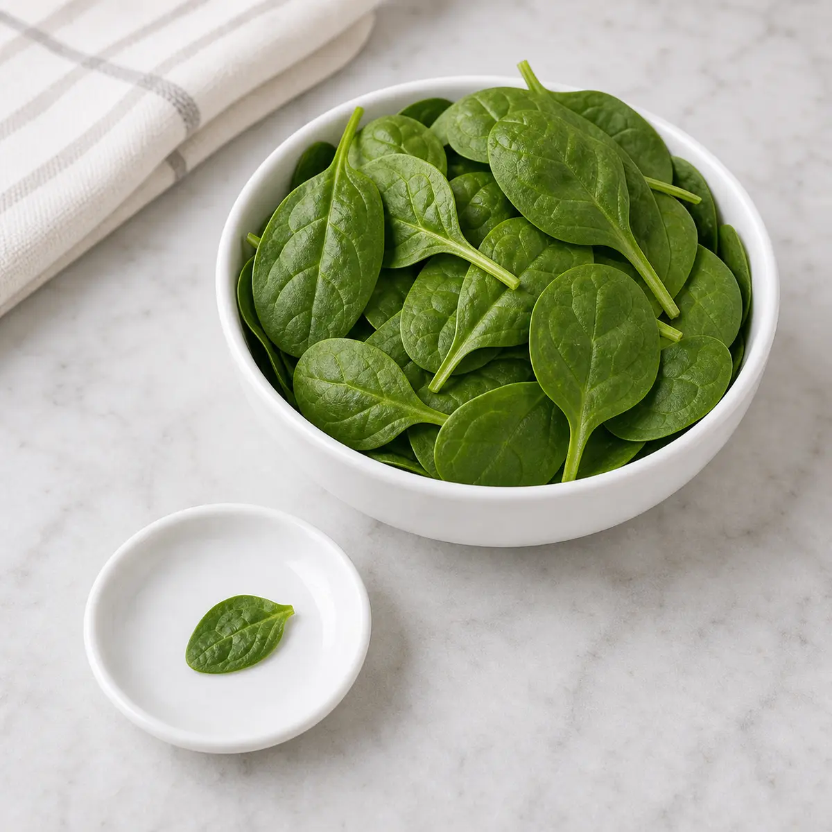 Fresh spinach leaves with one tiny plain leaf piece on a saucer