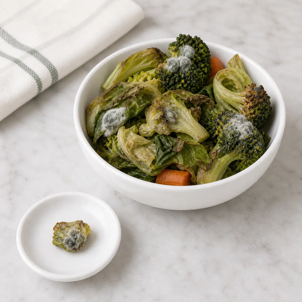 Spoiled wilted vegetables with one small spoiled piece on a saucer