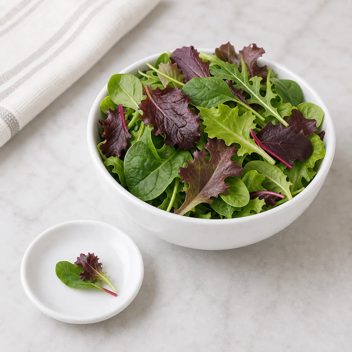 Fresh spring mix salad greens with one tiny leaf piece on a saucer