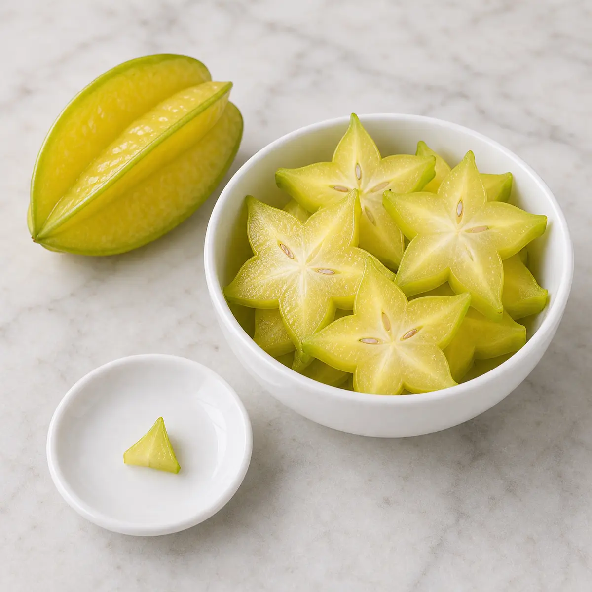 Fresh star fruit slices with one tiny star fruit point on a saucer
