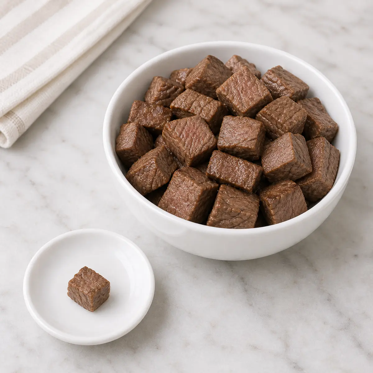 Plain cooked steak pieces with one tiny steak cube on a saucer