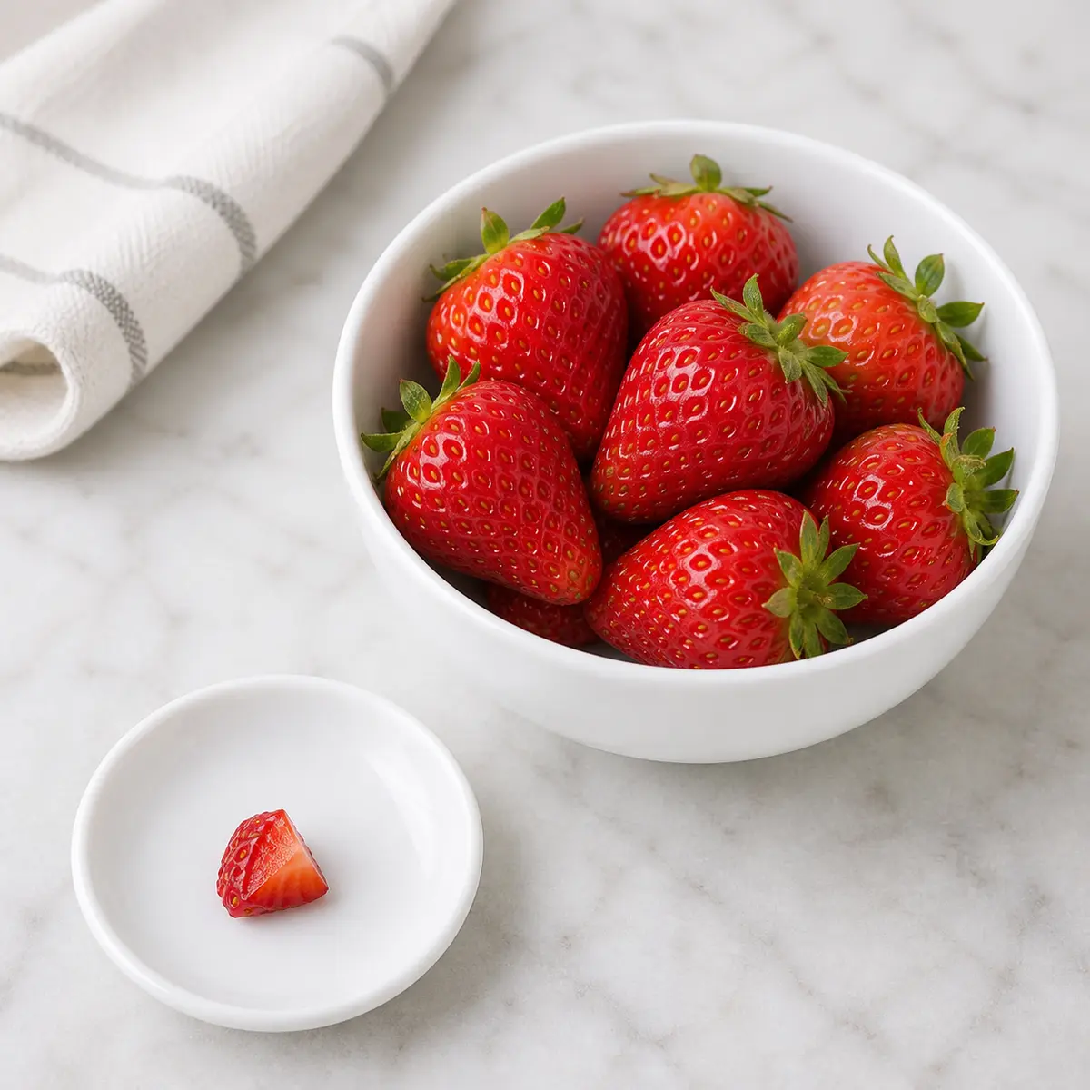 Fresh strawberries with one tiny strawberry piece on a saucer