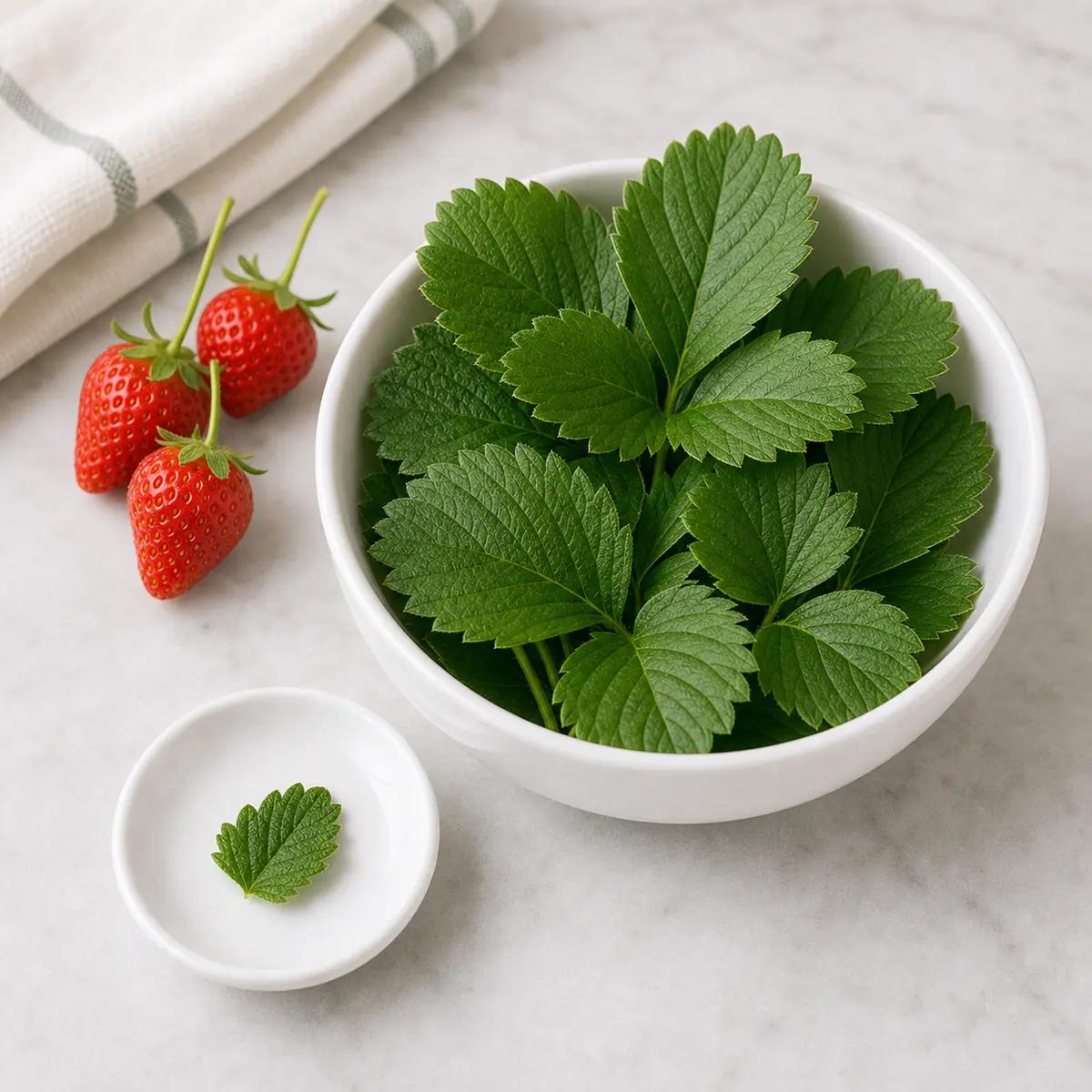 Strawberry plant leaves with one tiny torn leaf piece on a saucer