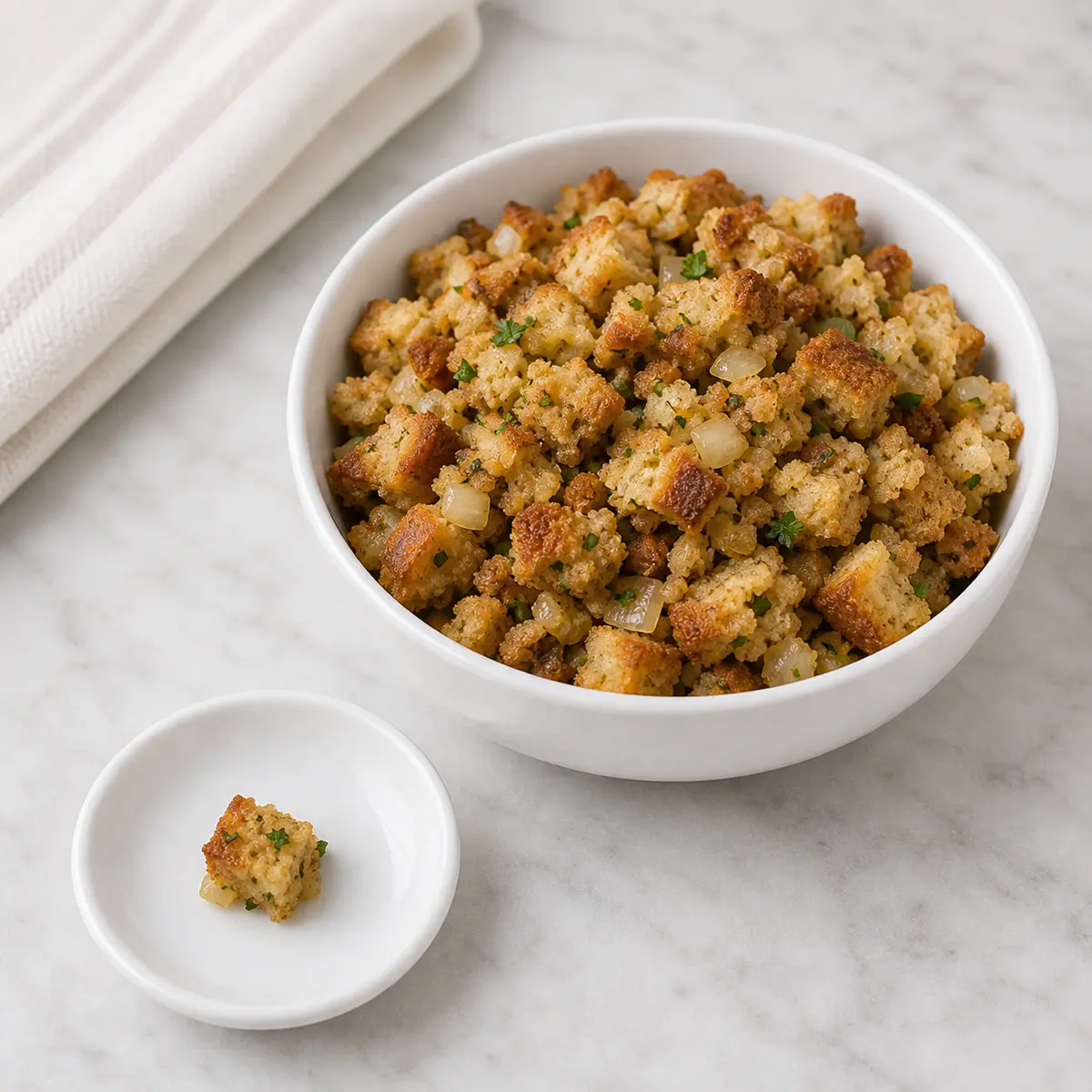 Bread stuffing with one tiny stuffing piece on a saucer