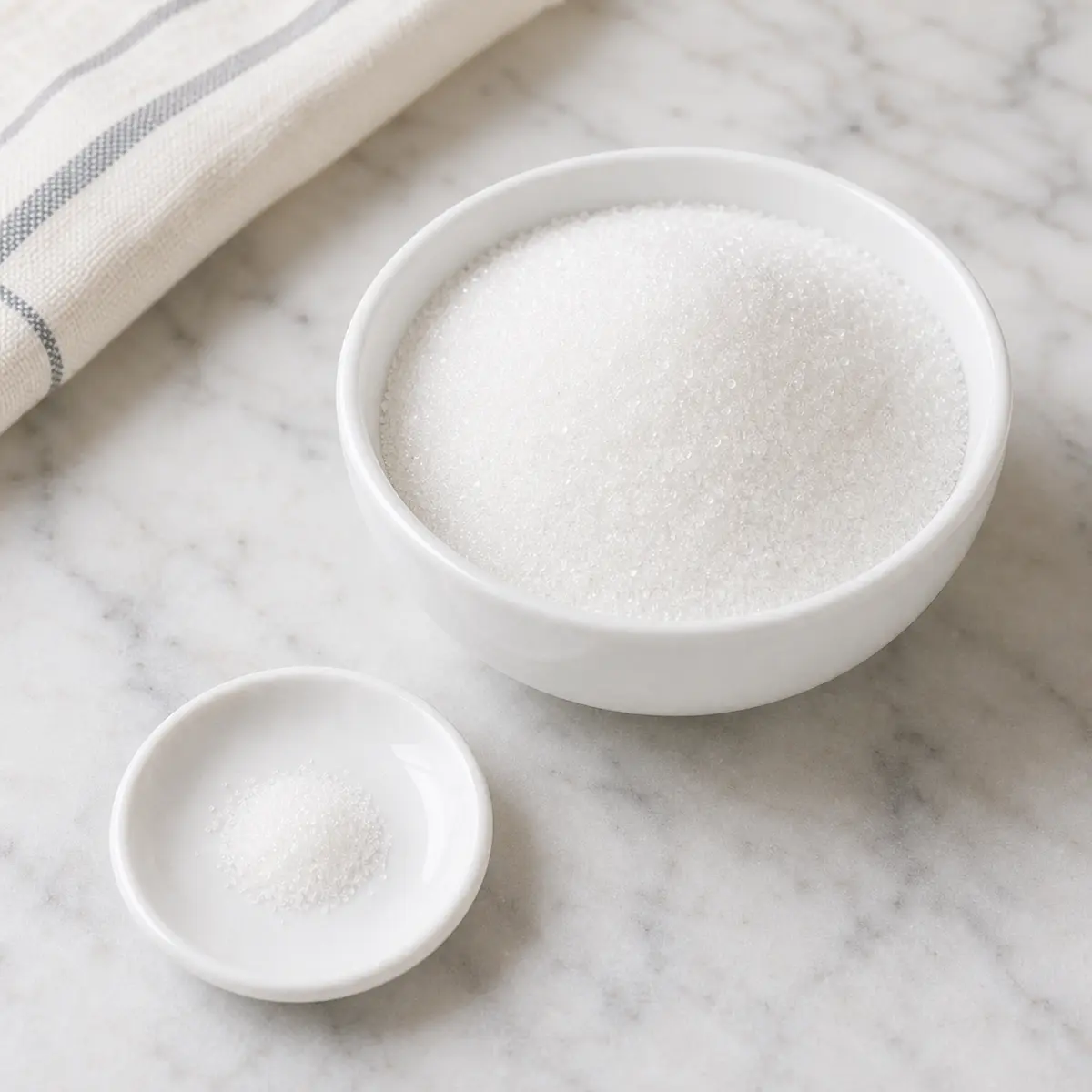 White granulated sugar with one tiny pinch isolated on a saucer