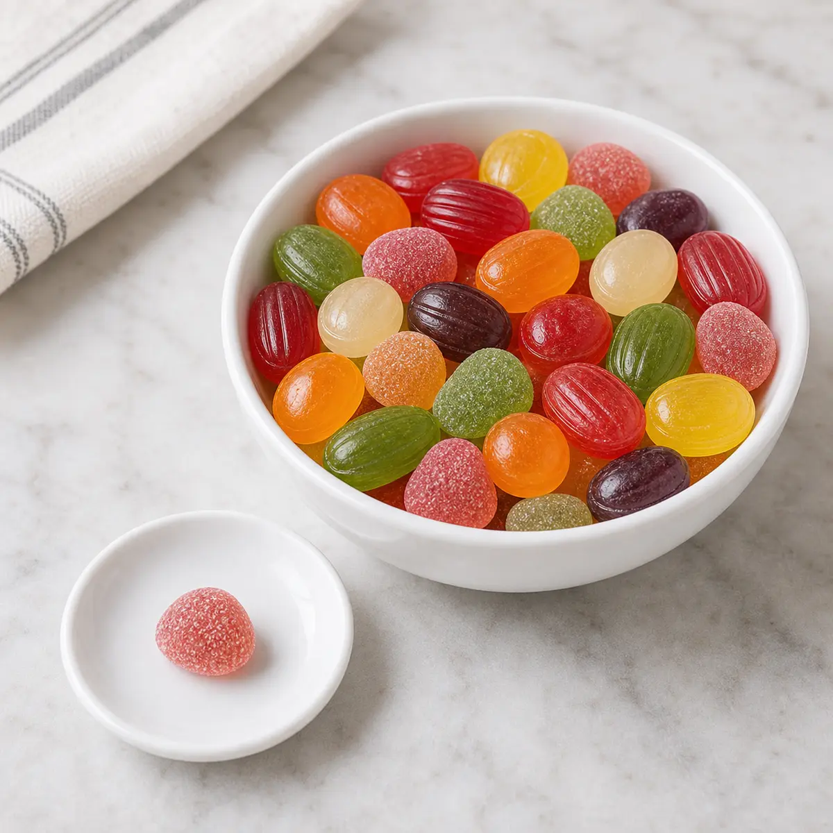 Colorful sugar-free candies with one small candy piece on a saucer