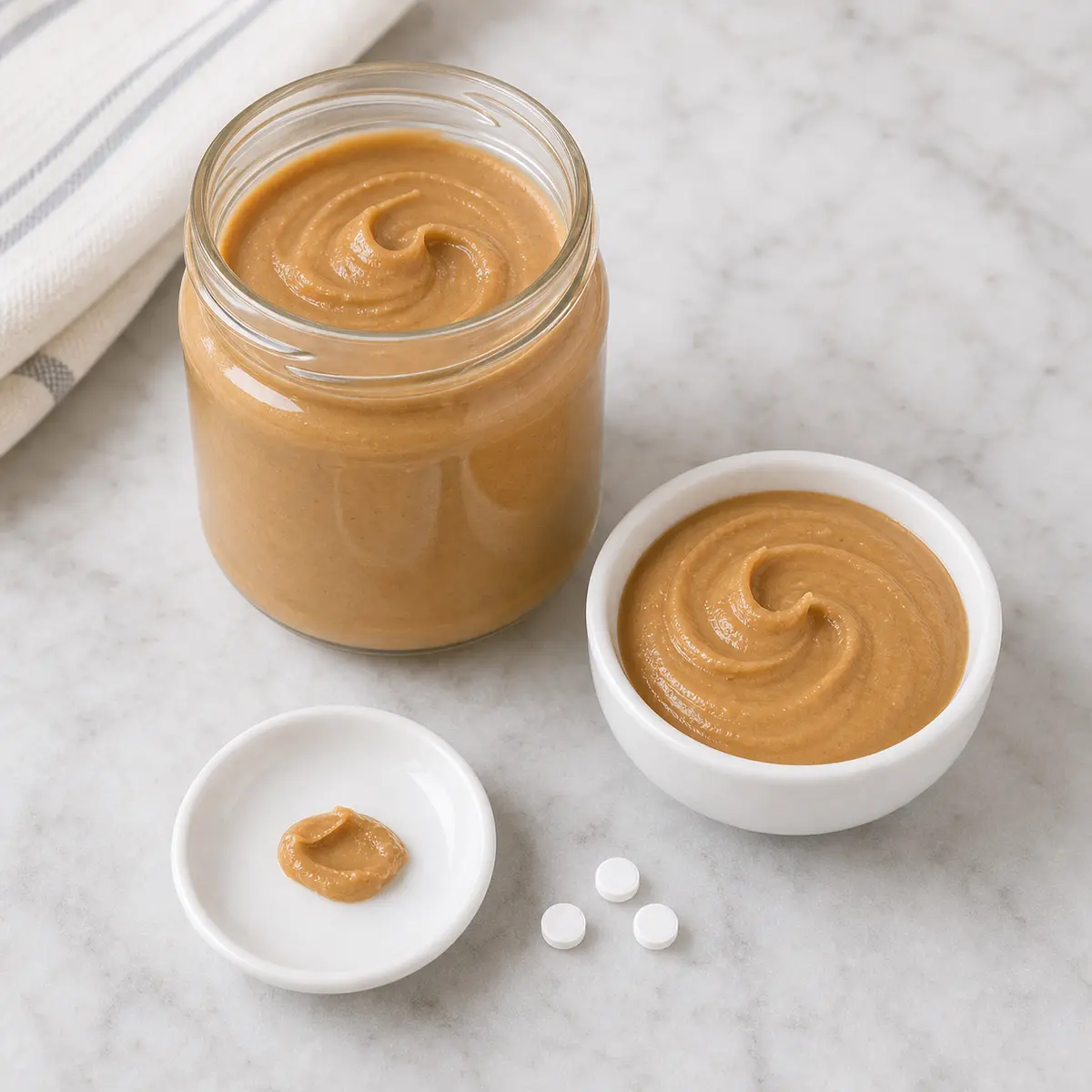 Unlabeled peanut butter with a tiny smear and white sweetener tablets nearby