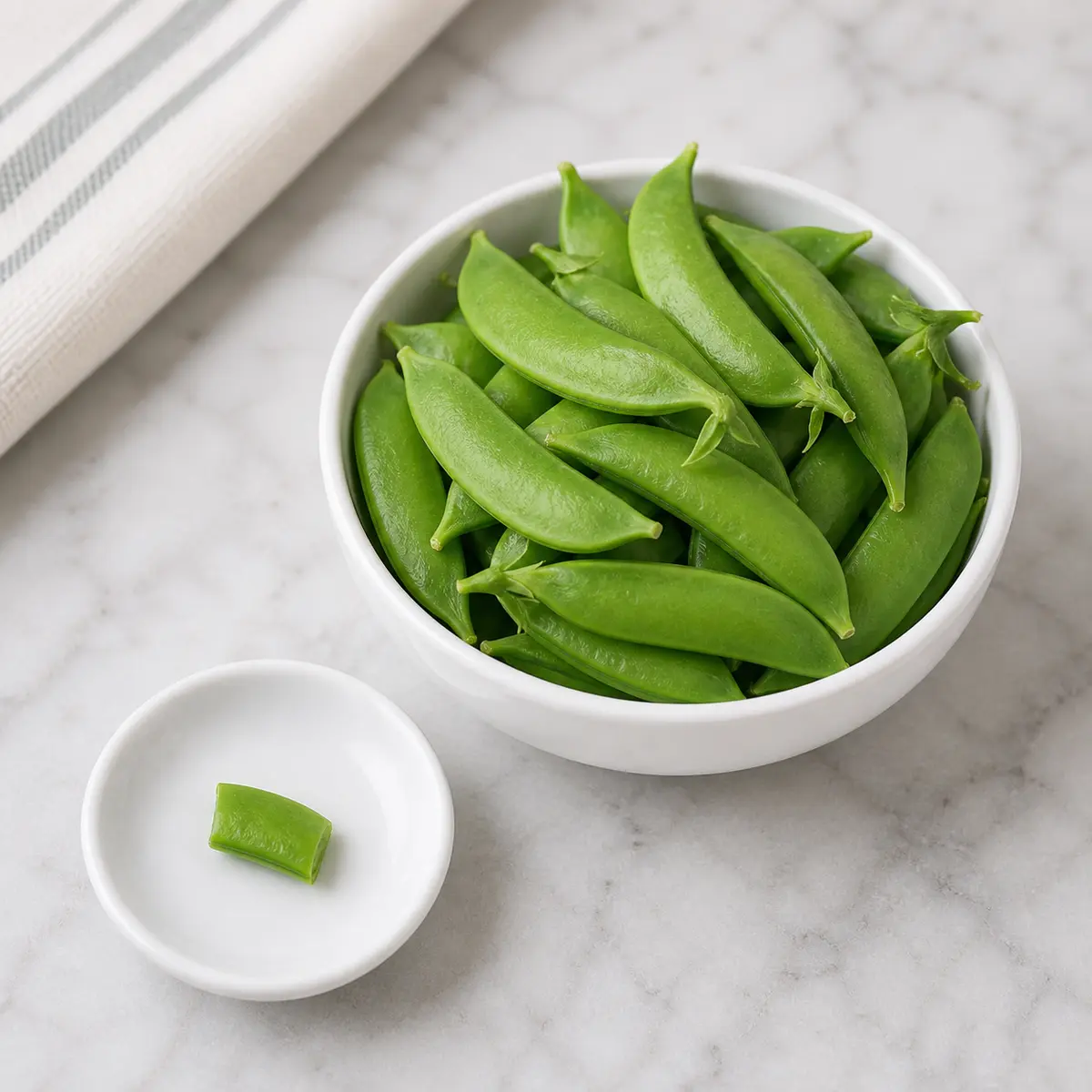 Sugar snap peas with one tiny plain piece on a saucer