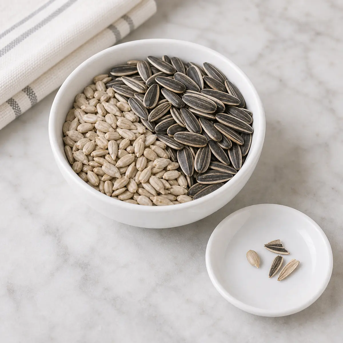 Sunflower seeds beside an empty cat treat saucer