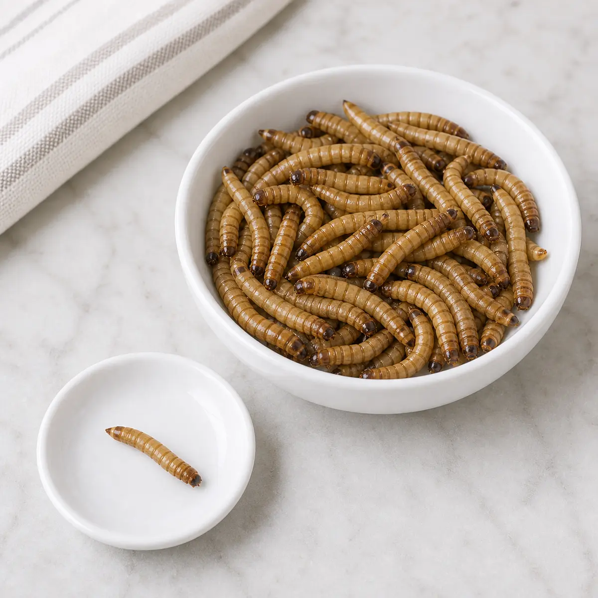 Superworms beside an empty cat treat saucer