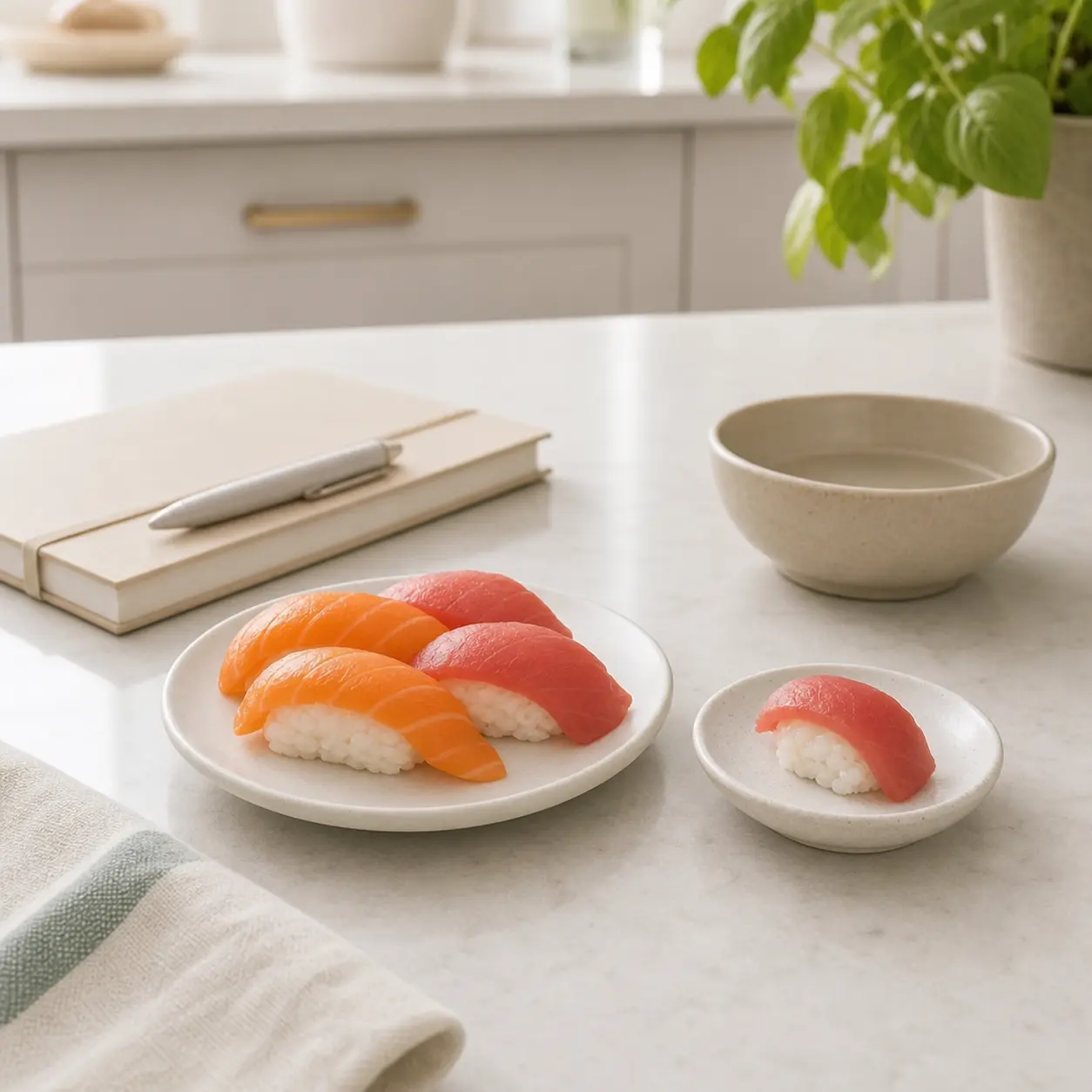 Sushi pieces with one tiny piece separated on a saucer