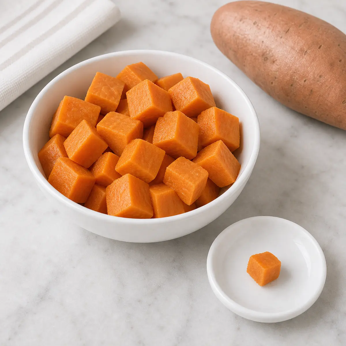Plain cooked sweet potato cubes with one tiny cat-size piece on a saucer