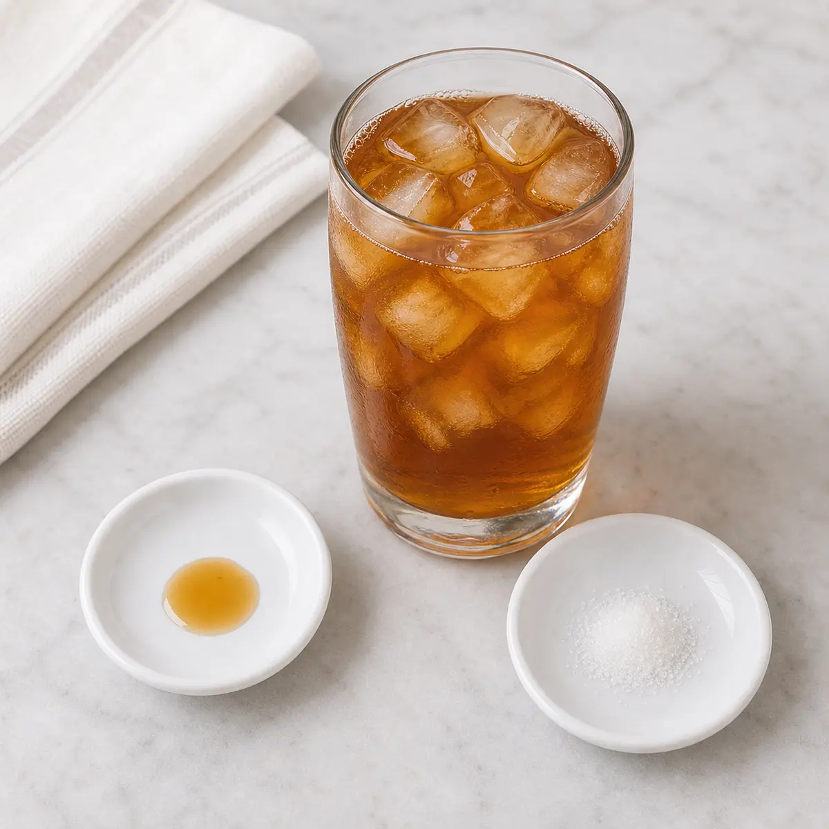 Glass of sweet tea beside an empty cat treat saucer