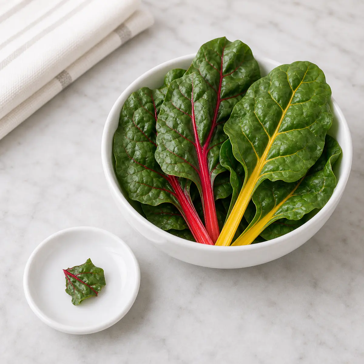 Swiss chard leaves with one tiny plain piece on a saucer