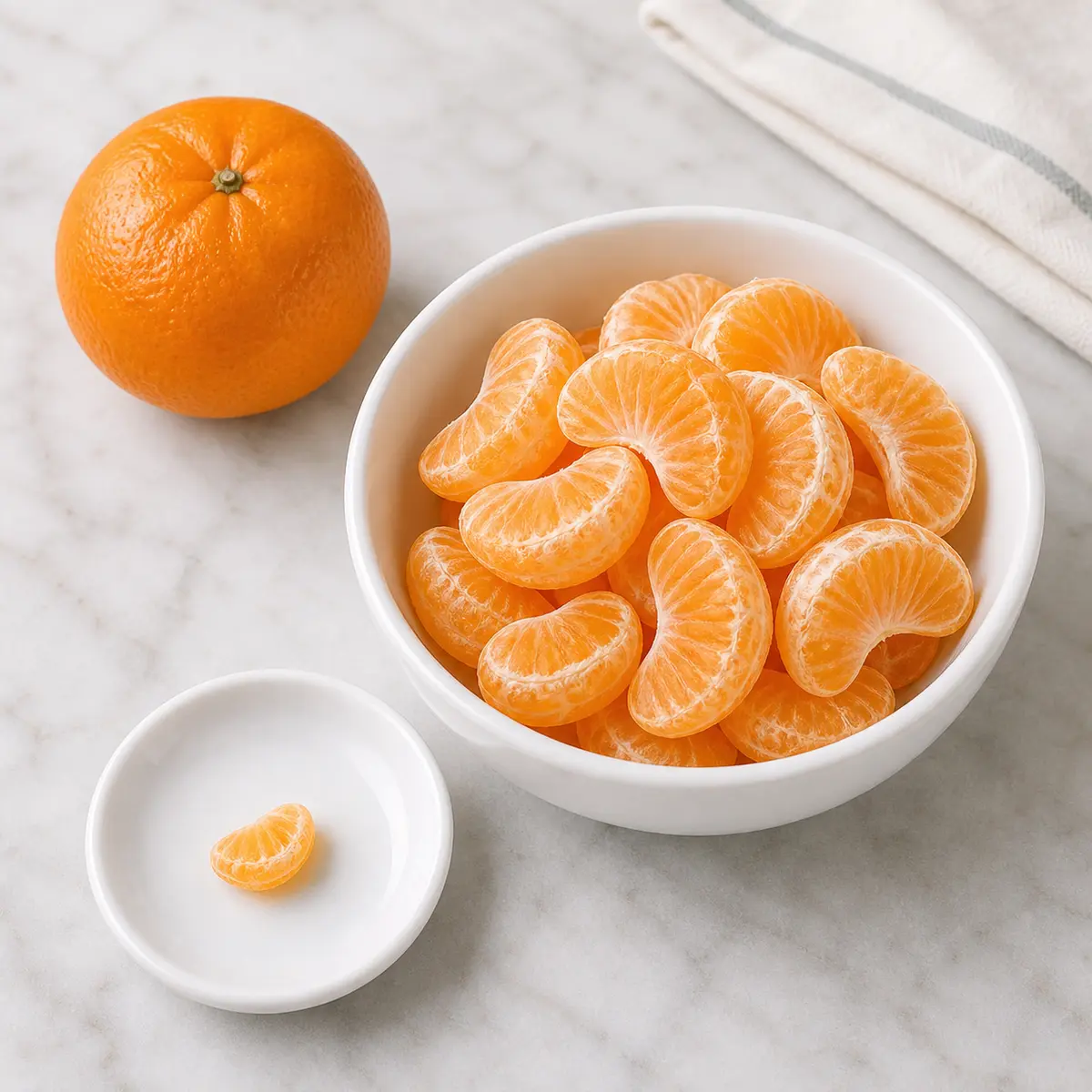 Tangerine segments beside an empty cat treat saucer