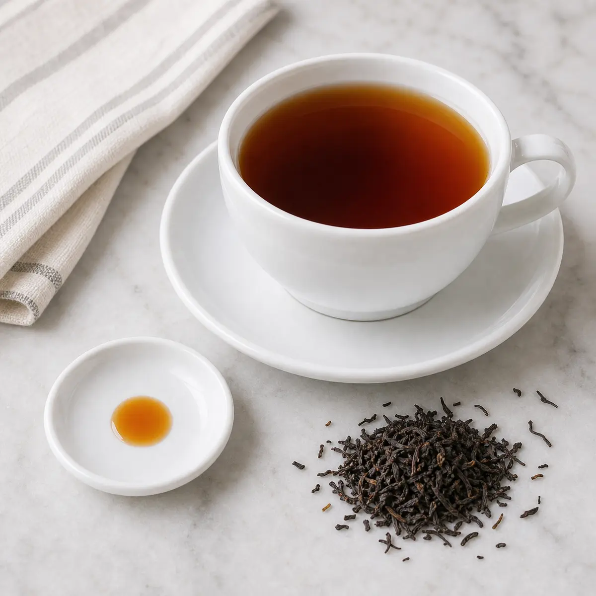 Cup of caffeinated tea beside an empty cat treat saucer
