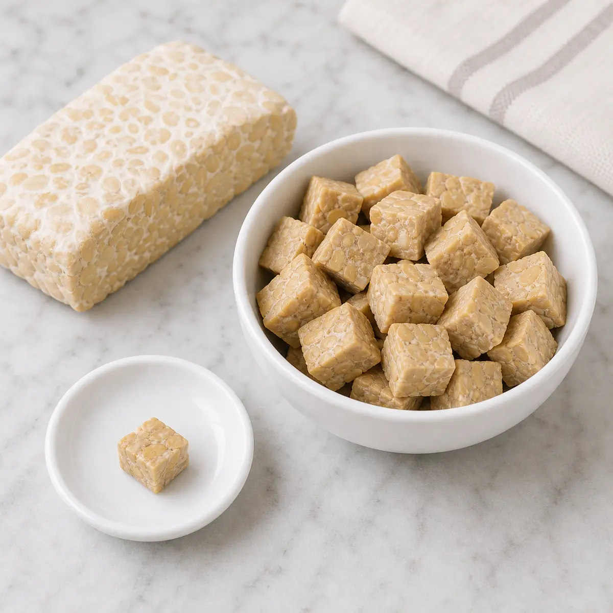 Plain tempeh cubes with one tiny cat-size piece on a saucer