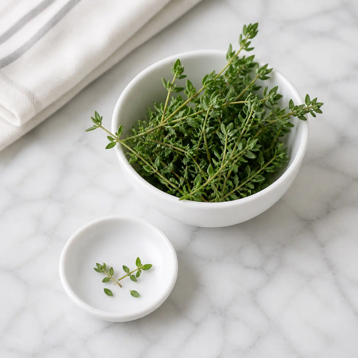 Fresh thyme sprigs with a tiny leaf portion on a saucer