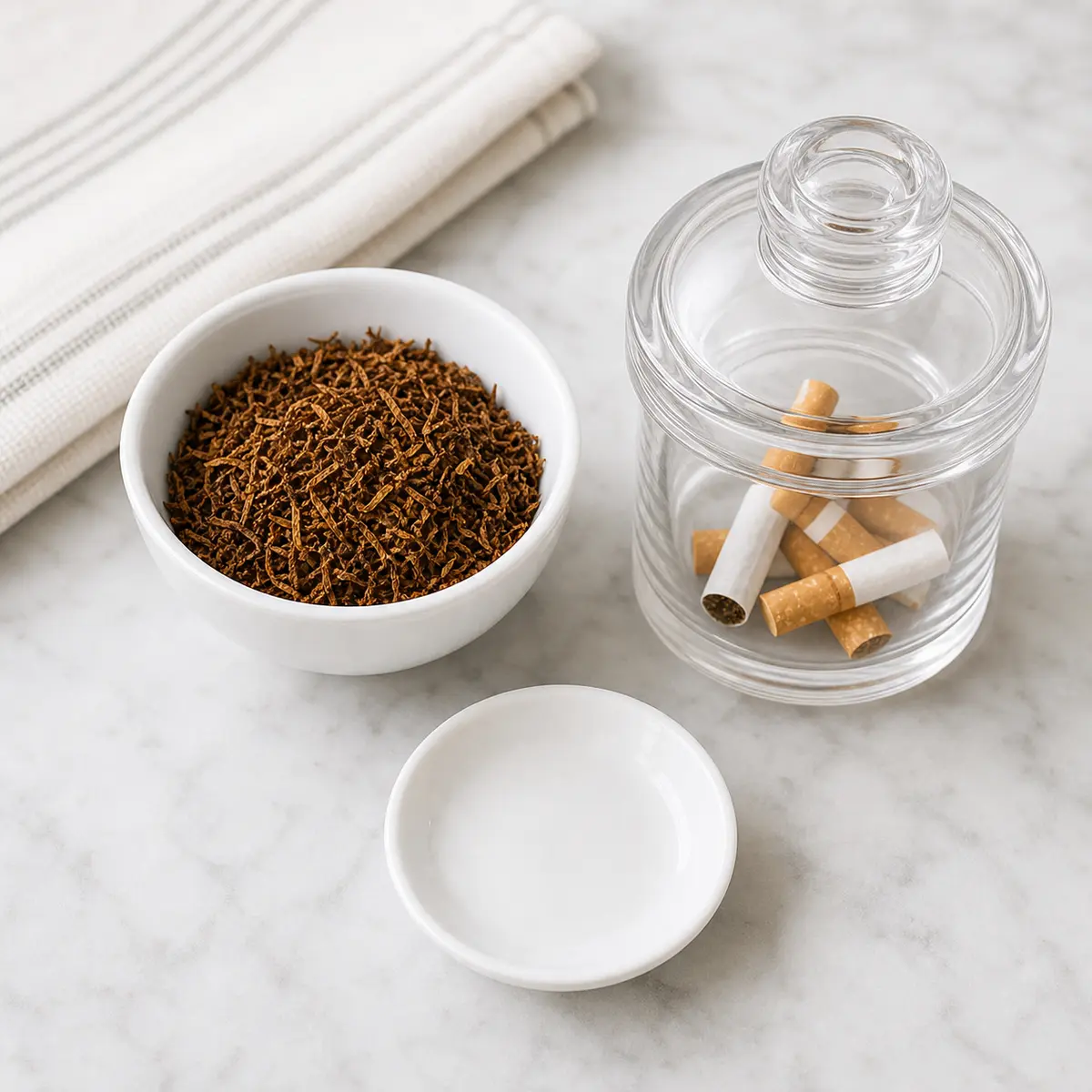 Tobacco and cigarette butts secured beside an empty cat treat saucer