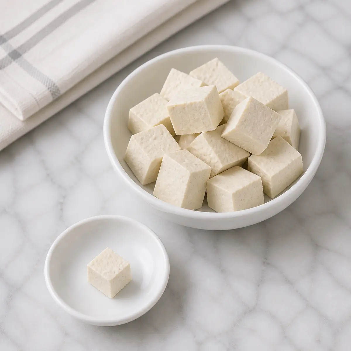 Plain tofu cubes with one tiny cat-size cube on a saucer