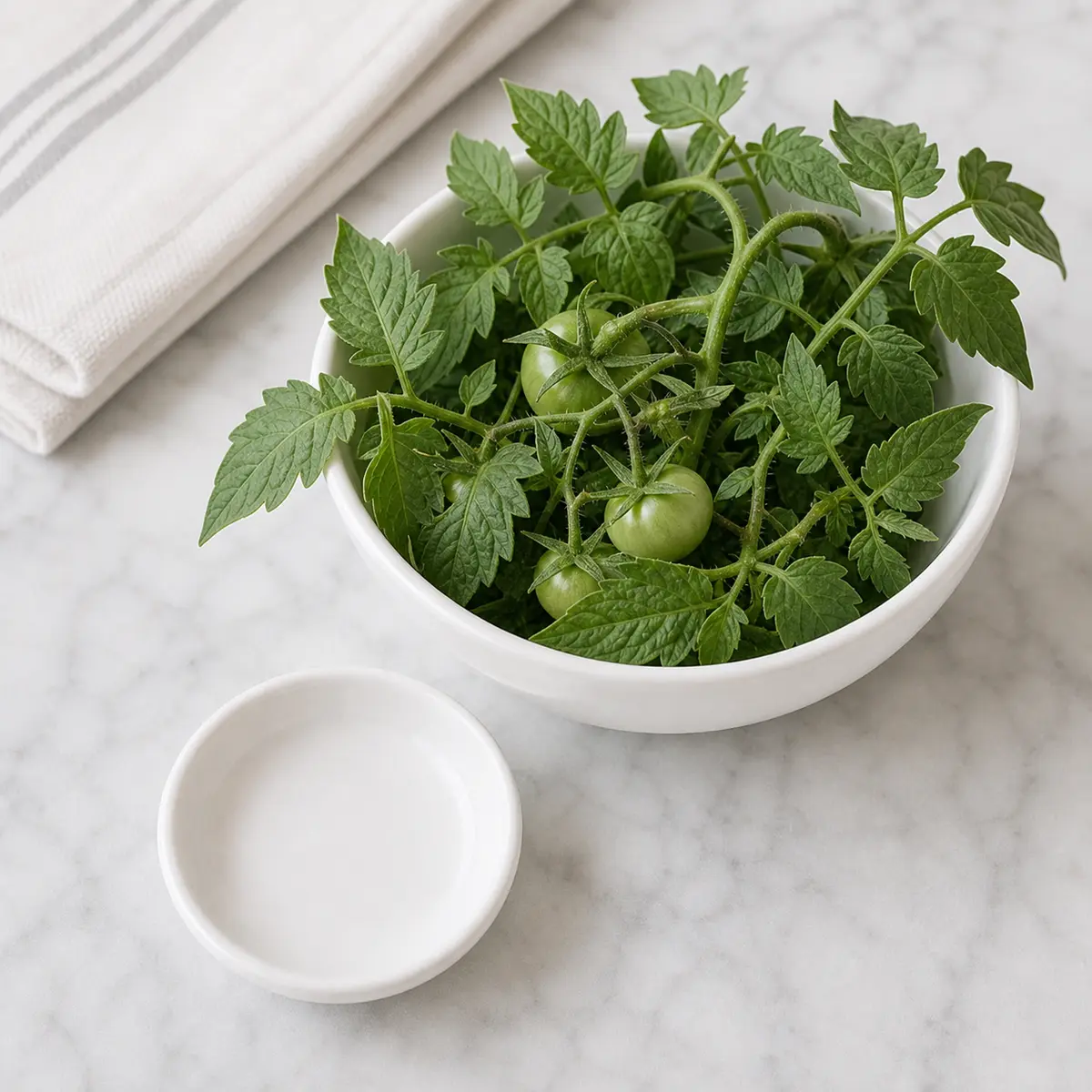 Tomato plant leaves beside an empty cat treat saucer
