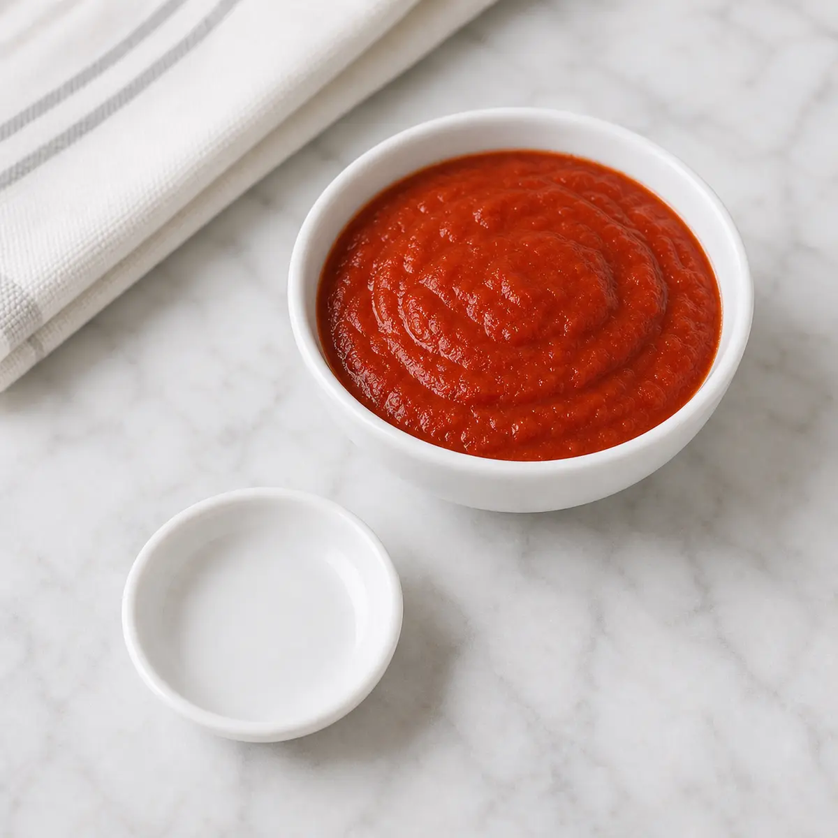 Tomato sauce beside an empty cat treat saucer