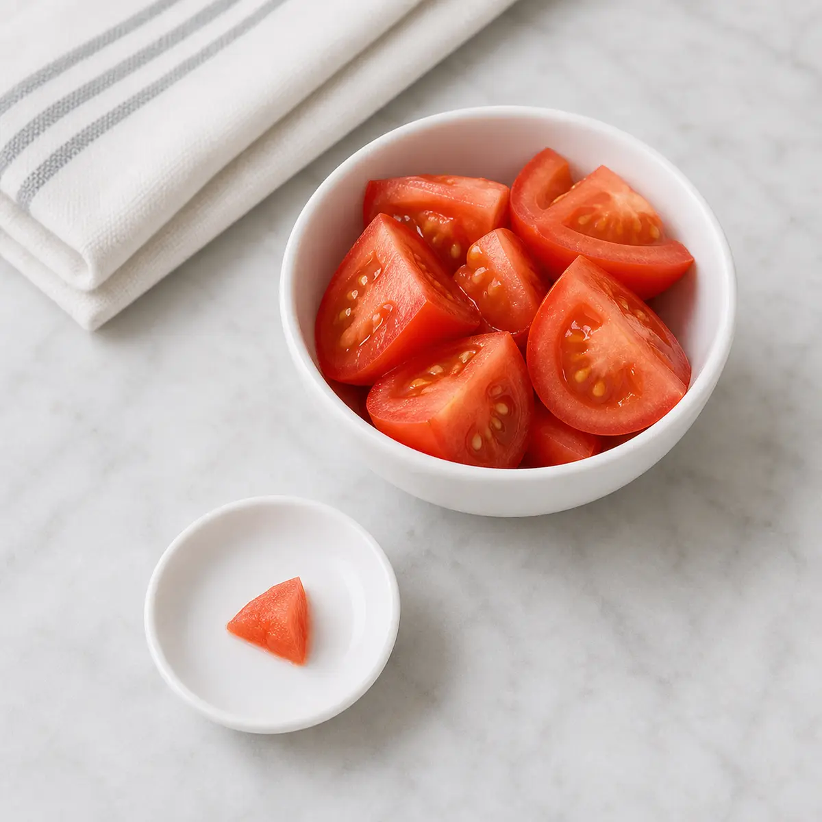 Ripe tomato pieces with one tiny seedless piece on a saucer