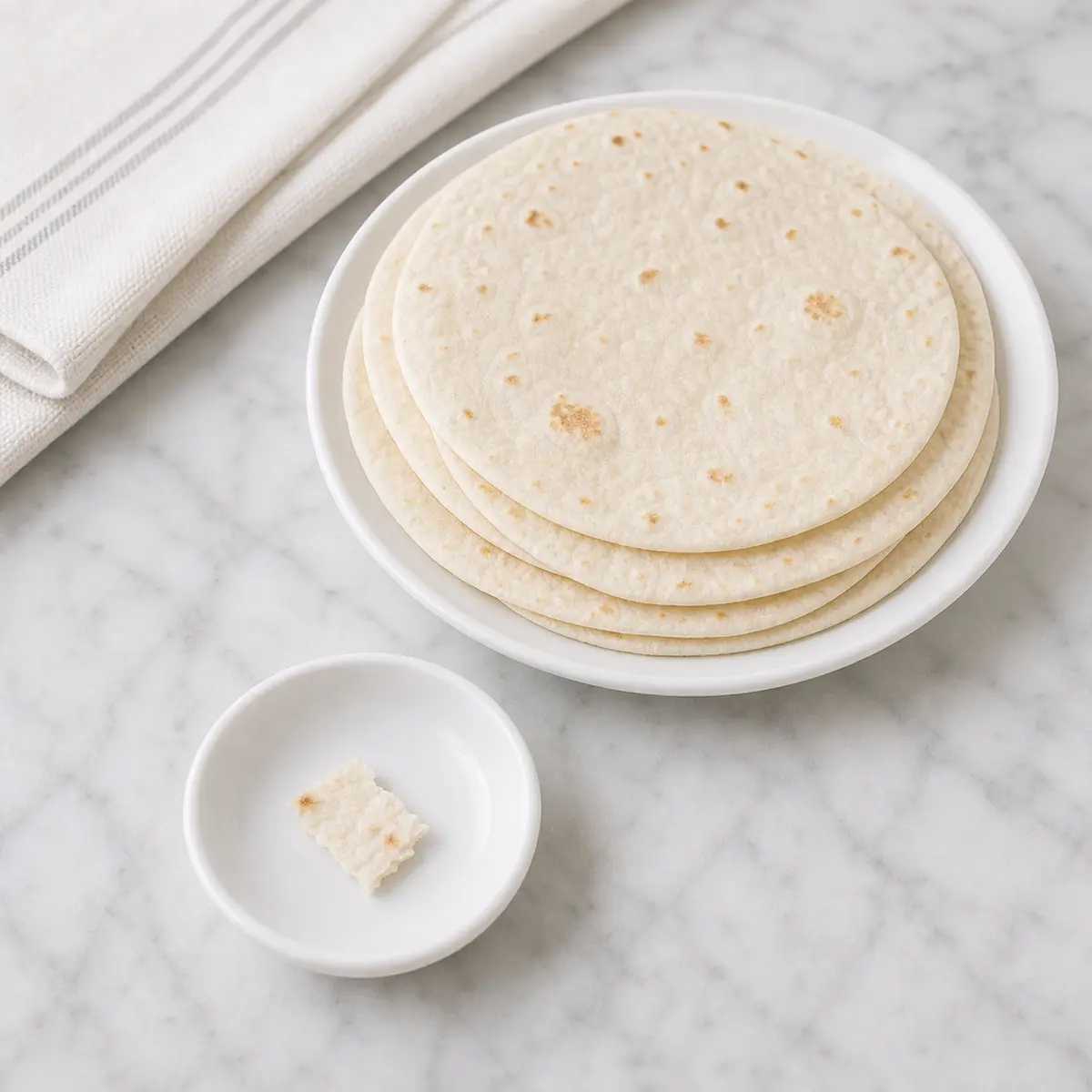 Plain tortillas with one tiny torn piece on a saucer