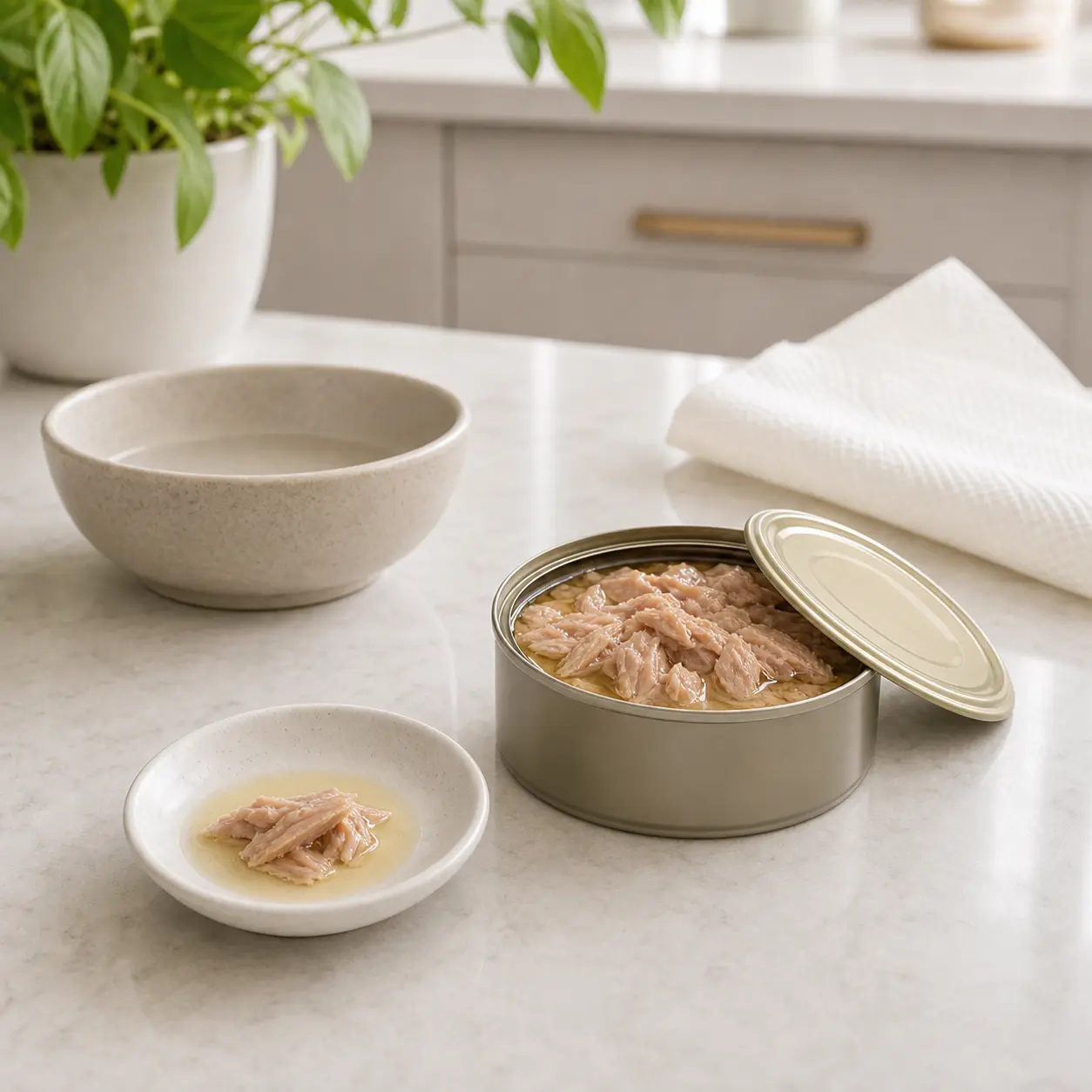 Tuna in oil with one tiny oily flake separated on a saucer