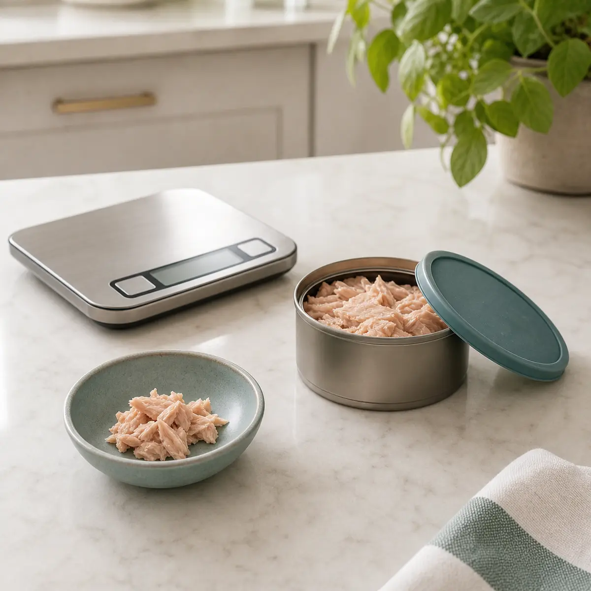 Plain tuna with a tiny cat-size portion on a saucer