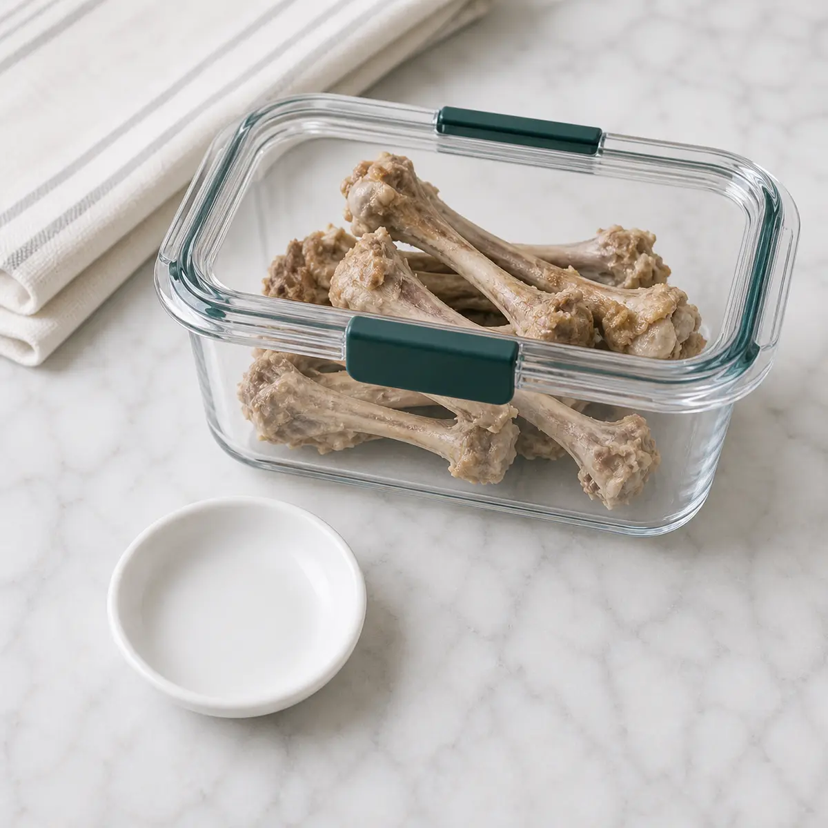 Cooked turkey bones secured in a container beside an empty cat treat saucer
