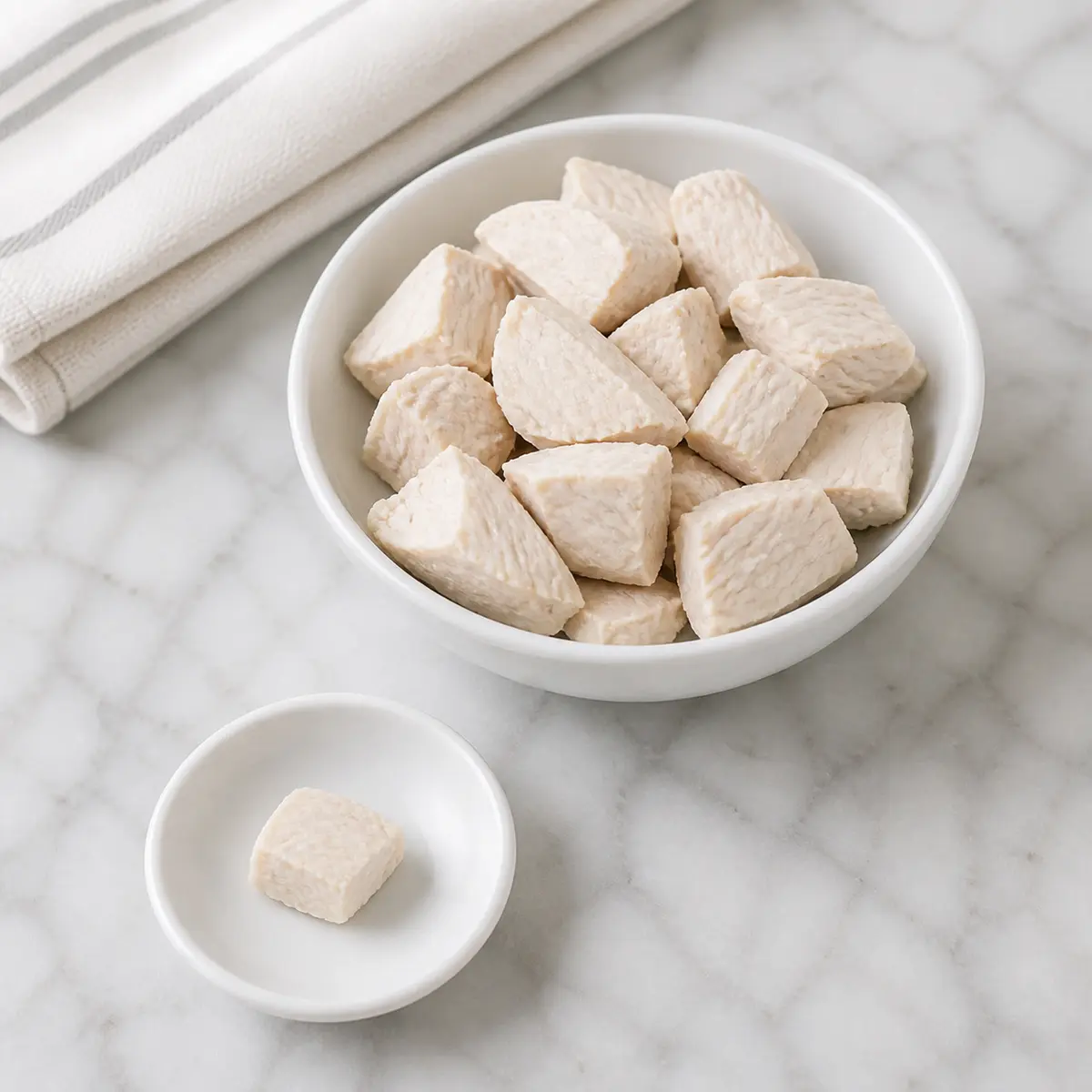 Plain cooked turkey pieces with one tiny boneless bite on a saucer