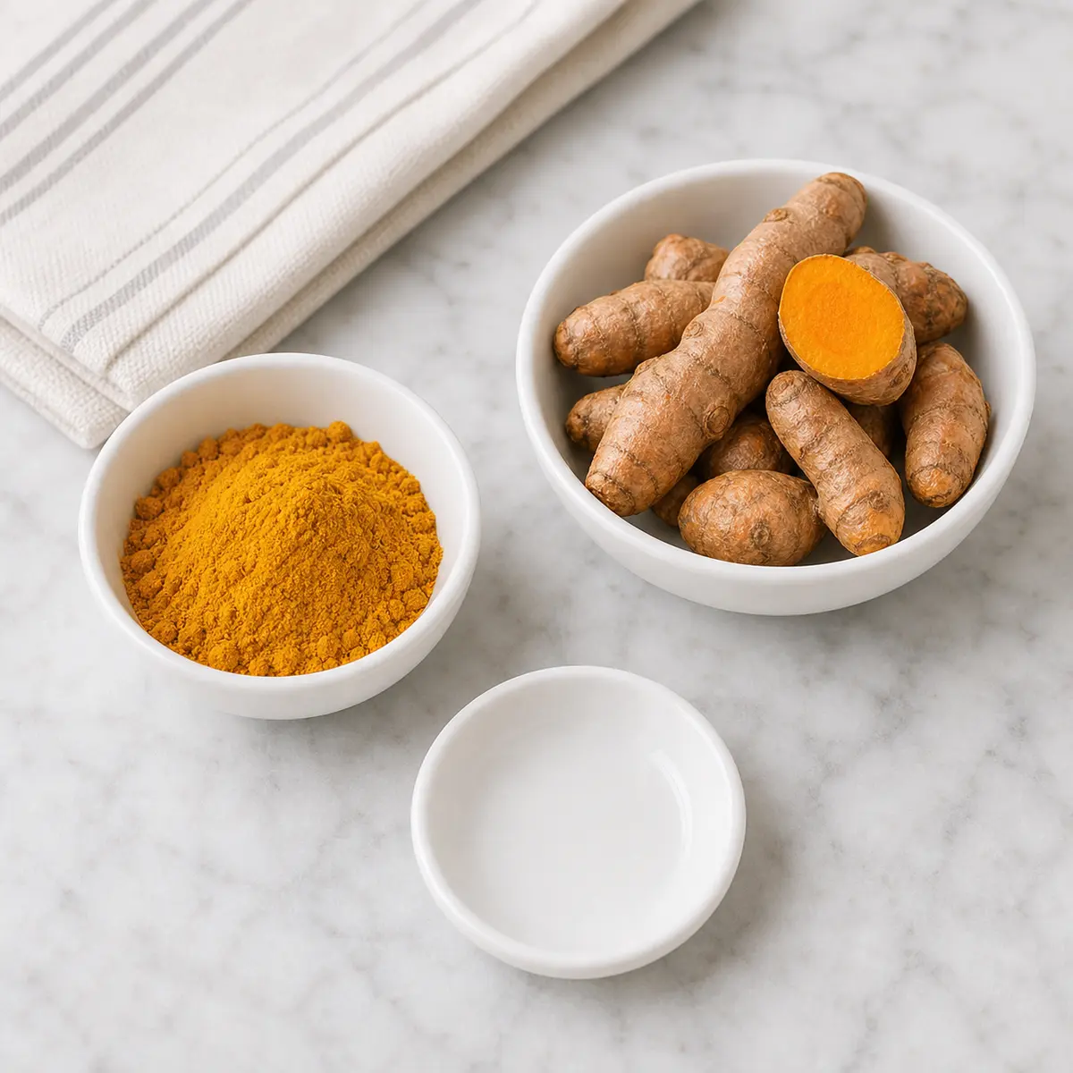Turmeric root and powder beside an empty cat treat saucer