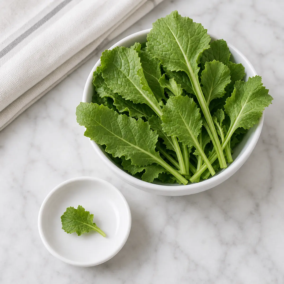 Fresh turnip greens with one tiny leaf piece on a saucer