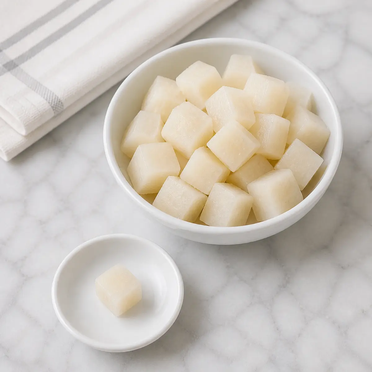 Plain cooked turnip cubes with one tiny cat-size piece on a saucer