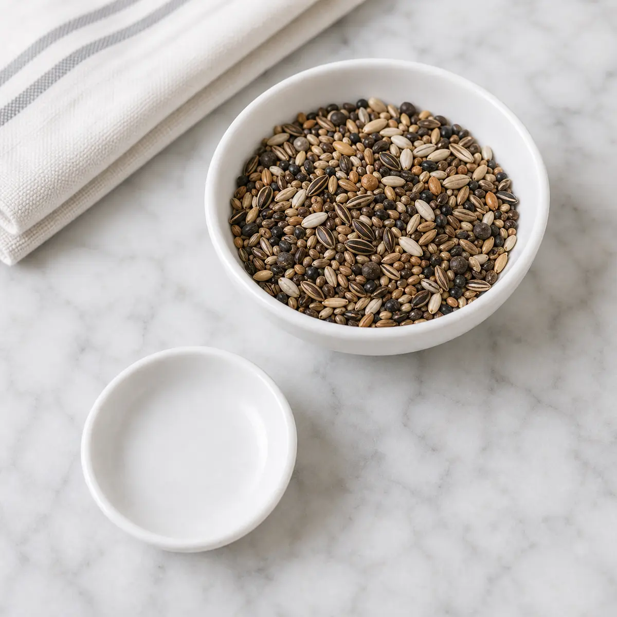 Mixed unknown seeds beside an empty cat treat saucer