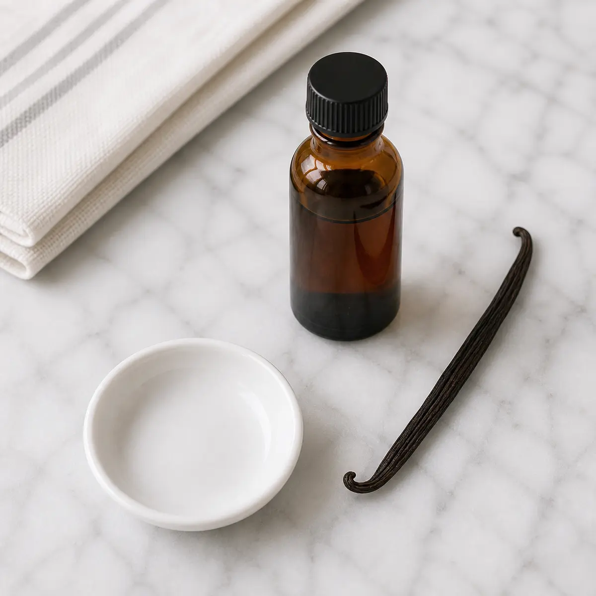 Vanilla extract bottle beside an empty cat treat saucer